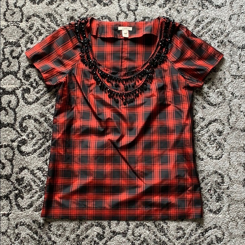 Jcrew plaid beaded taffeta holiday blouse